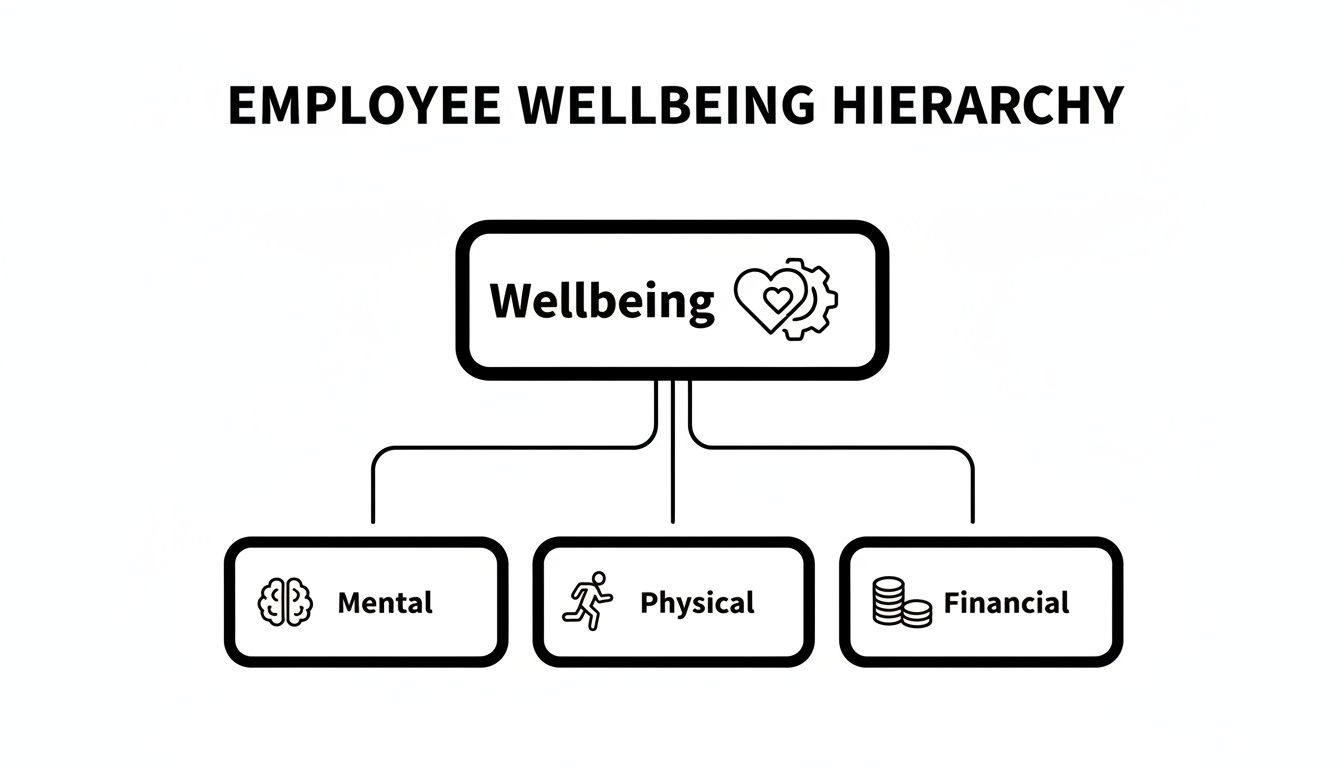 Hierarchy diagram showing employee wellbeing encompassing mental, physical, and financial health aspects.