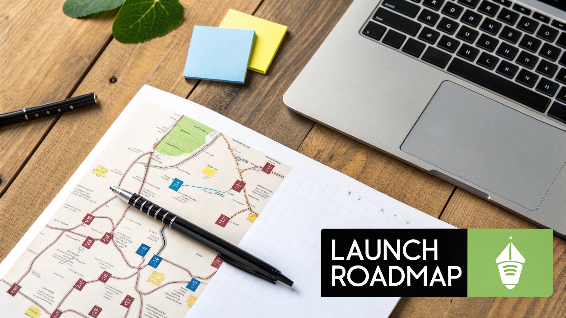 Overhead view of a laptop, map, and pen on a wooden desk, with 'LAUNCH ROADMAP' overlay.