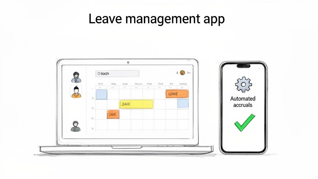 A laptop and a smartphone showcasing a leave management app with a calendar and automated accruals.