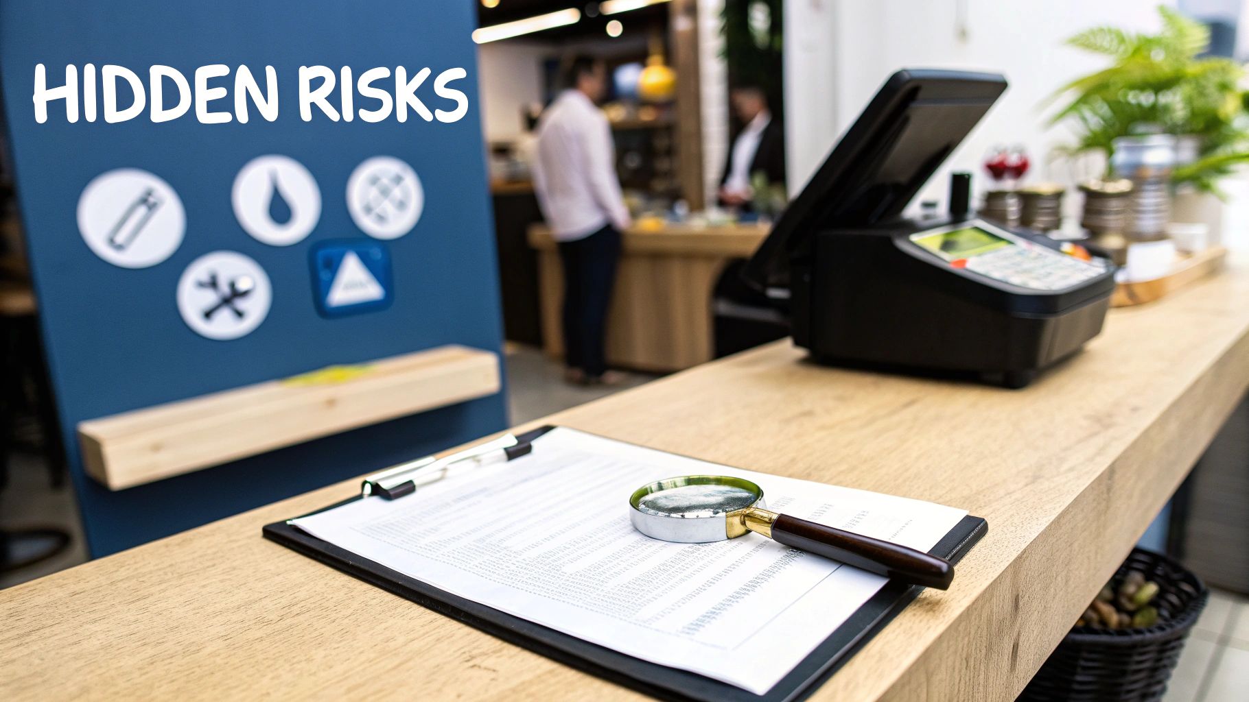 A magnifying glass on a document, with 'HIDDEN RISKS' text and risk icons in the background.