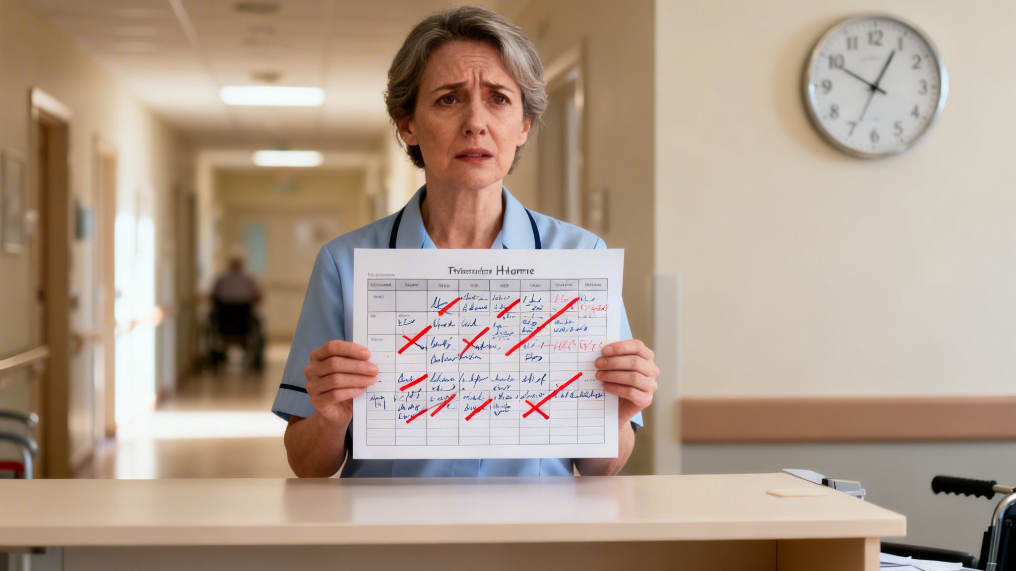 A distressed nurse in a care home holds a marked-up schedule with many red crosses, indicating a staffing crisis.