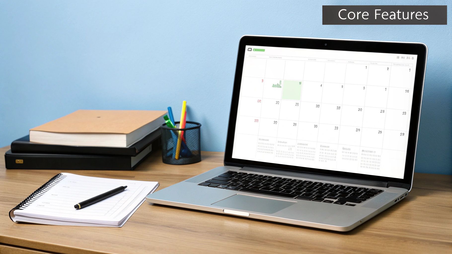 A manager and an employee reviewing a holiday schedule together on a tablet, with a calendar visible in the background.