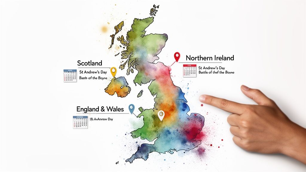 Watercolor map of the UK showing national holidays and events by region with pointers.