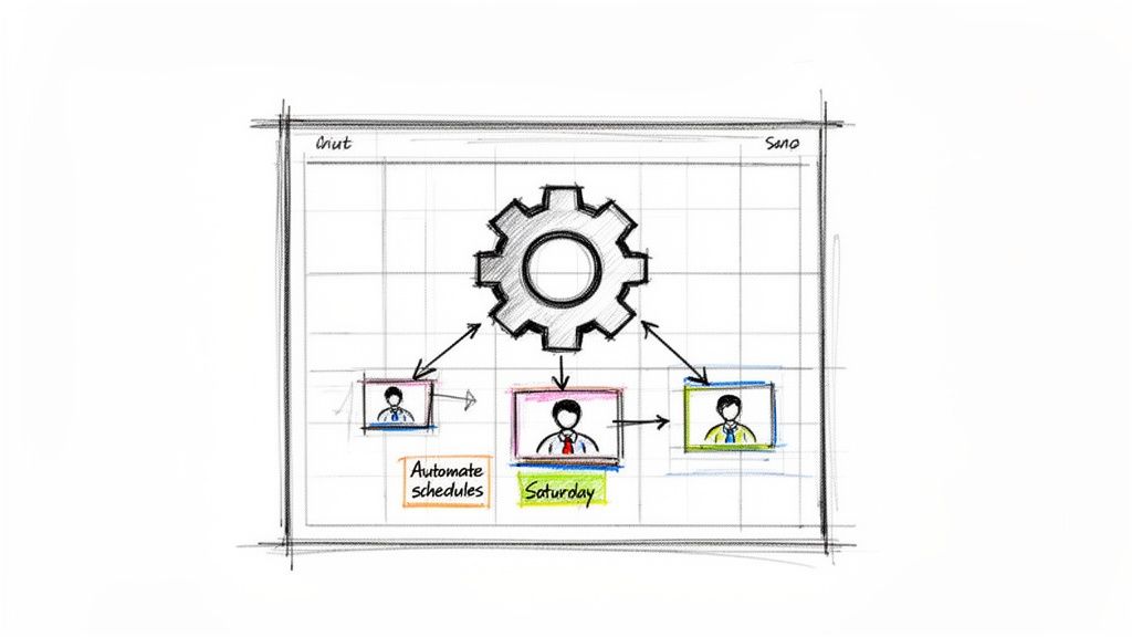 Hand-drawn diagram showing a gear processing inputs from people and automating schedules for Saturday.