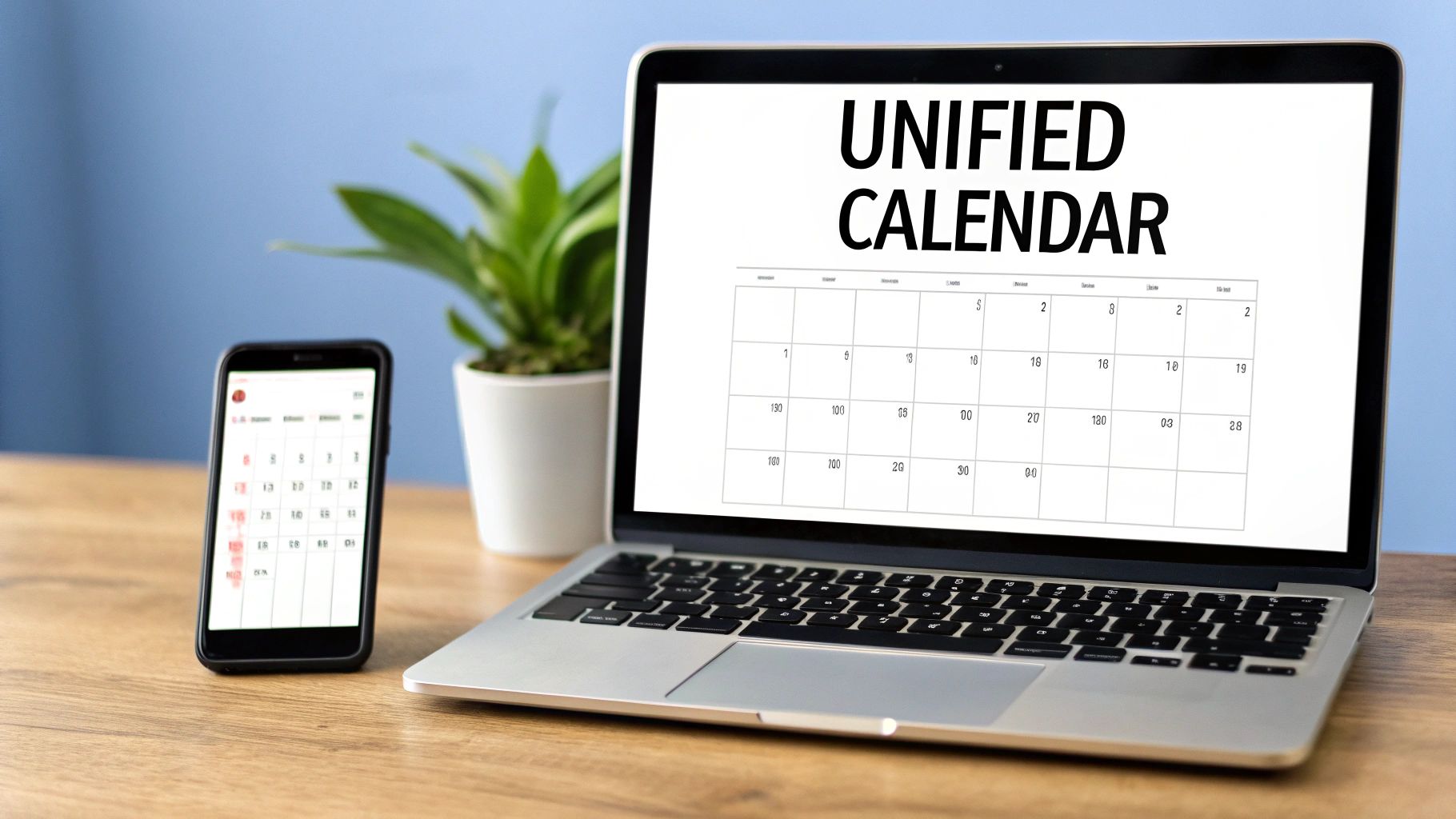 A laptop displaying a 'Unified Calendar' and a smartphone with a calendar app on a desk.