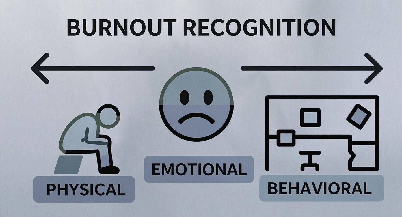 Burnout recognition infographic showing three types: physical exhaustion, emotional distress, and behavioral workplace changes