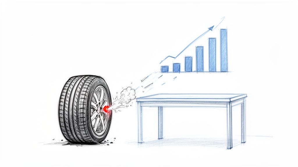 Pencil sketch showing a car tire with red light and smoke, pointing towards an upward trend bar graph.
