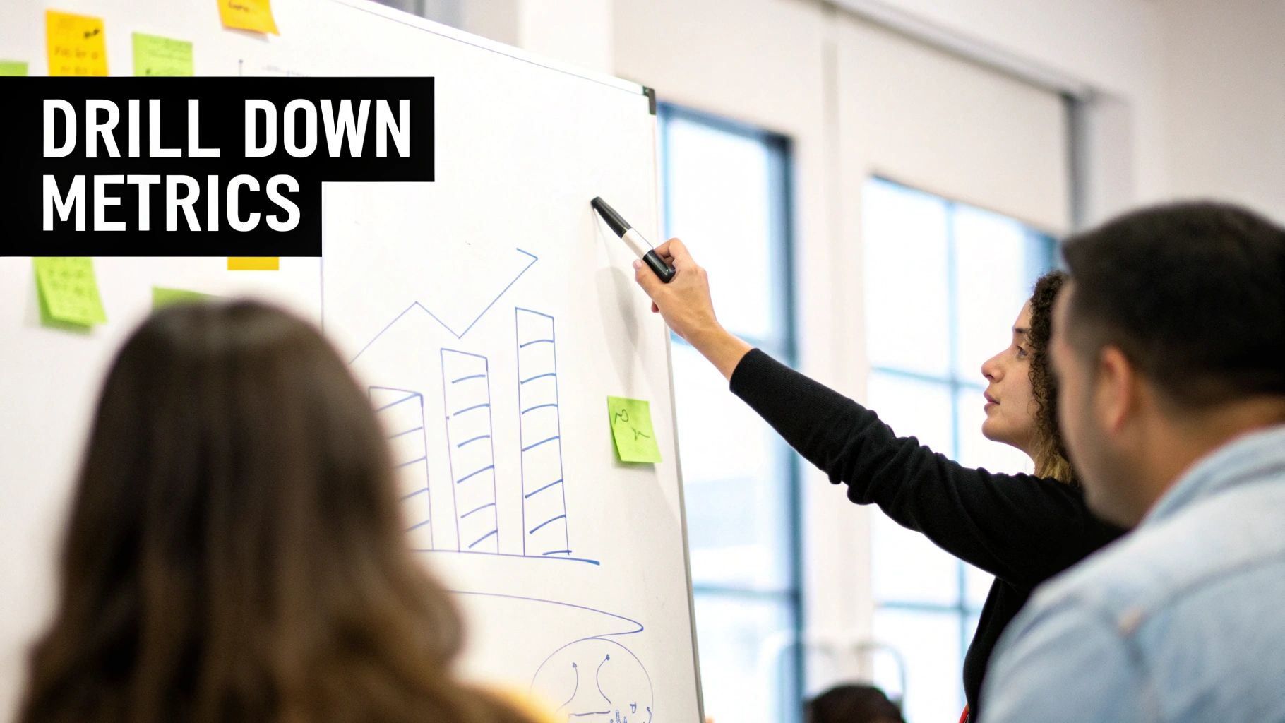 A person pointing at a whiteboard showing 'DRILL DOWN METRICS' text, bar charts, and sticky notes during a business presentation.