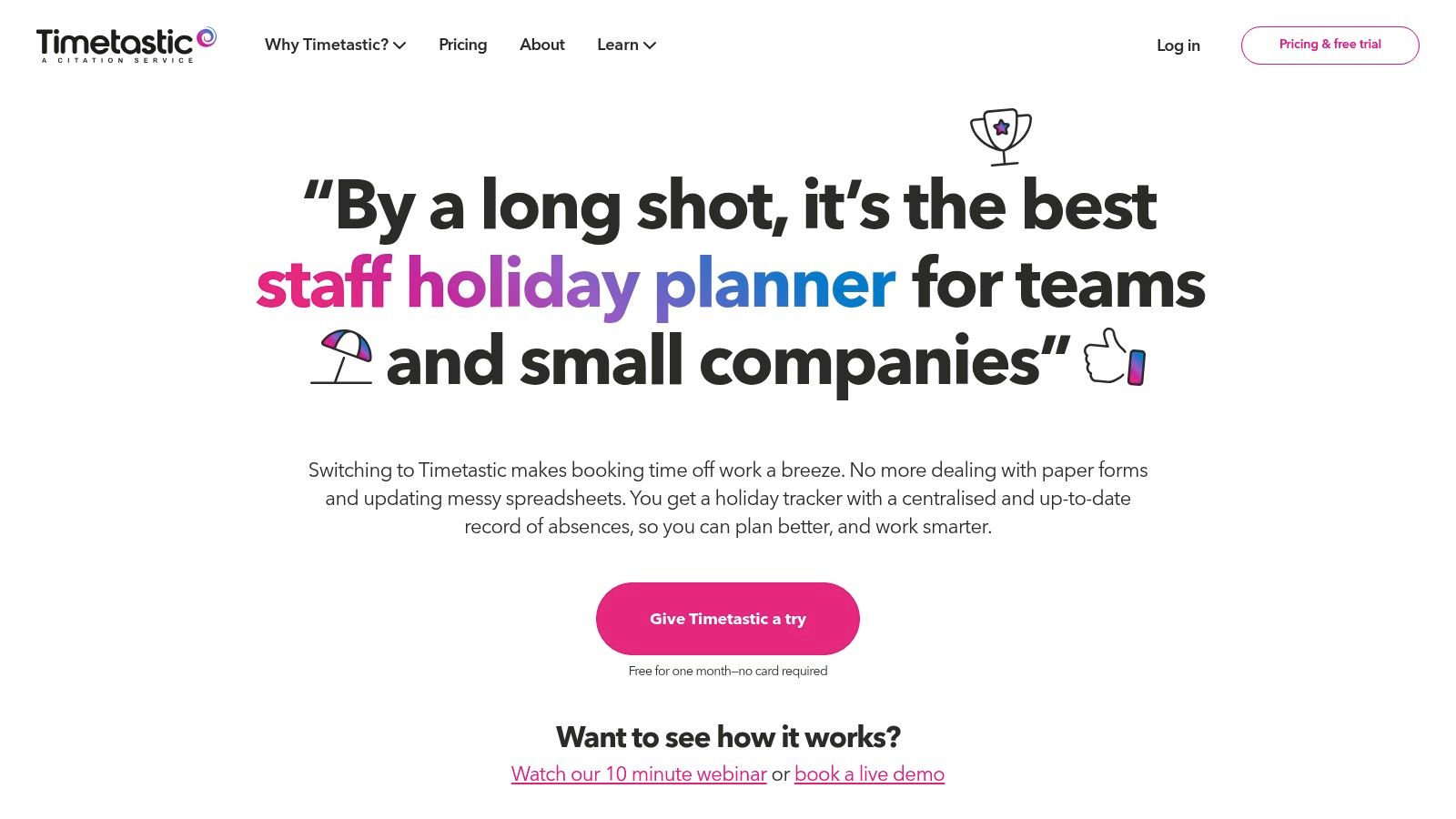 A screenshot of the Timetastic holiday planner interface, showing a team's calendar view with colour-coded leave types and staff photos.