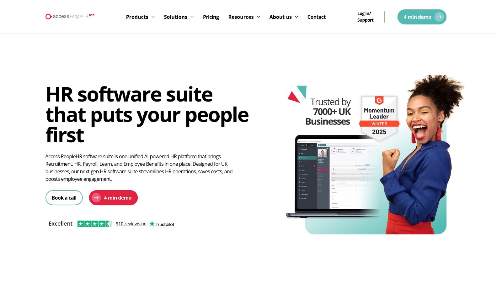 A screenshot of the PeopleHR dashboard showing various HR modules like leave, performance, and employee data.