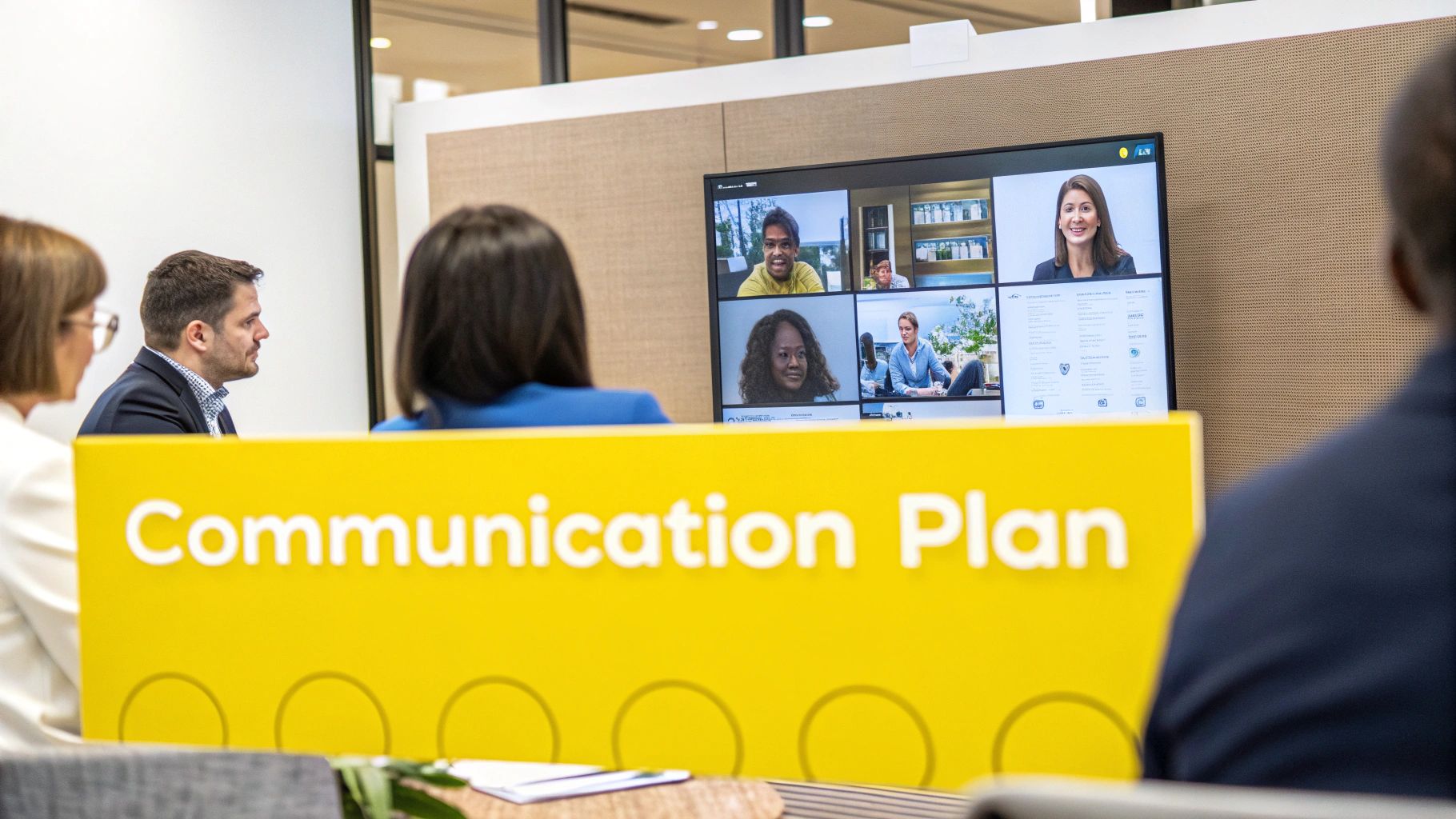 A diagram outlining the core elements of a project communication plan, including stakeholder analysis, key messaging, communication channels, and frequency.