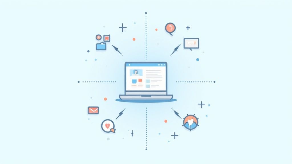 Diagram showing interconnected support channels like email, phone, chat, and social media, all feeding into a central customer profile to illustrate an omnichannel strategy.