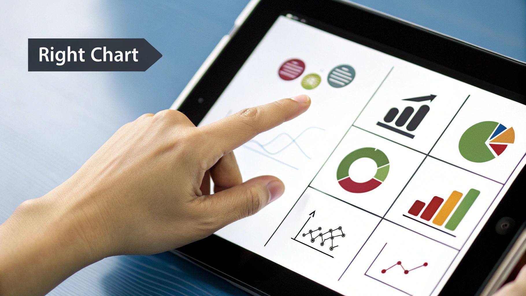Infographic showing a variety of chart types like bar charts, line graphs, pie charts, and scatter plots, indicating the importance of choosing the right one.