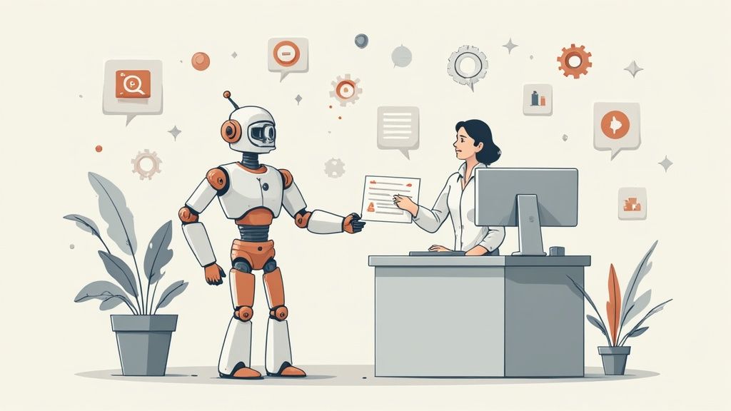 An illustration showing a robot and a human working together at a help desk, symbolizing the collaboration between AI automation and human agents.