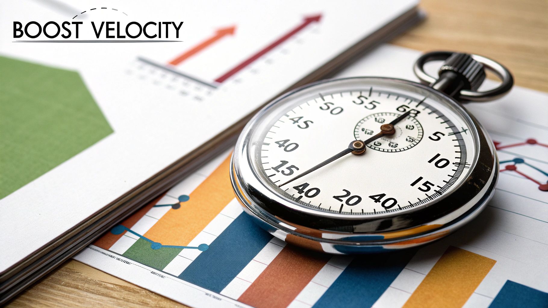 A stylized graphic illustrating the concept of Pipeline Velocity with icons representing deals, a stopwatch for speed, and a dollar sign for value, all moving along an upward-trending arrow.