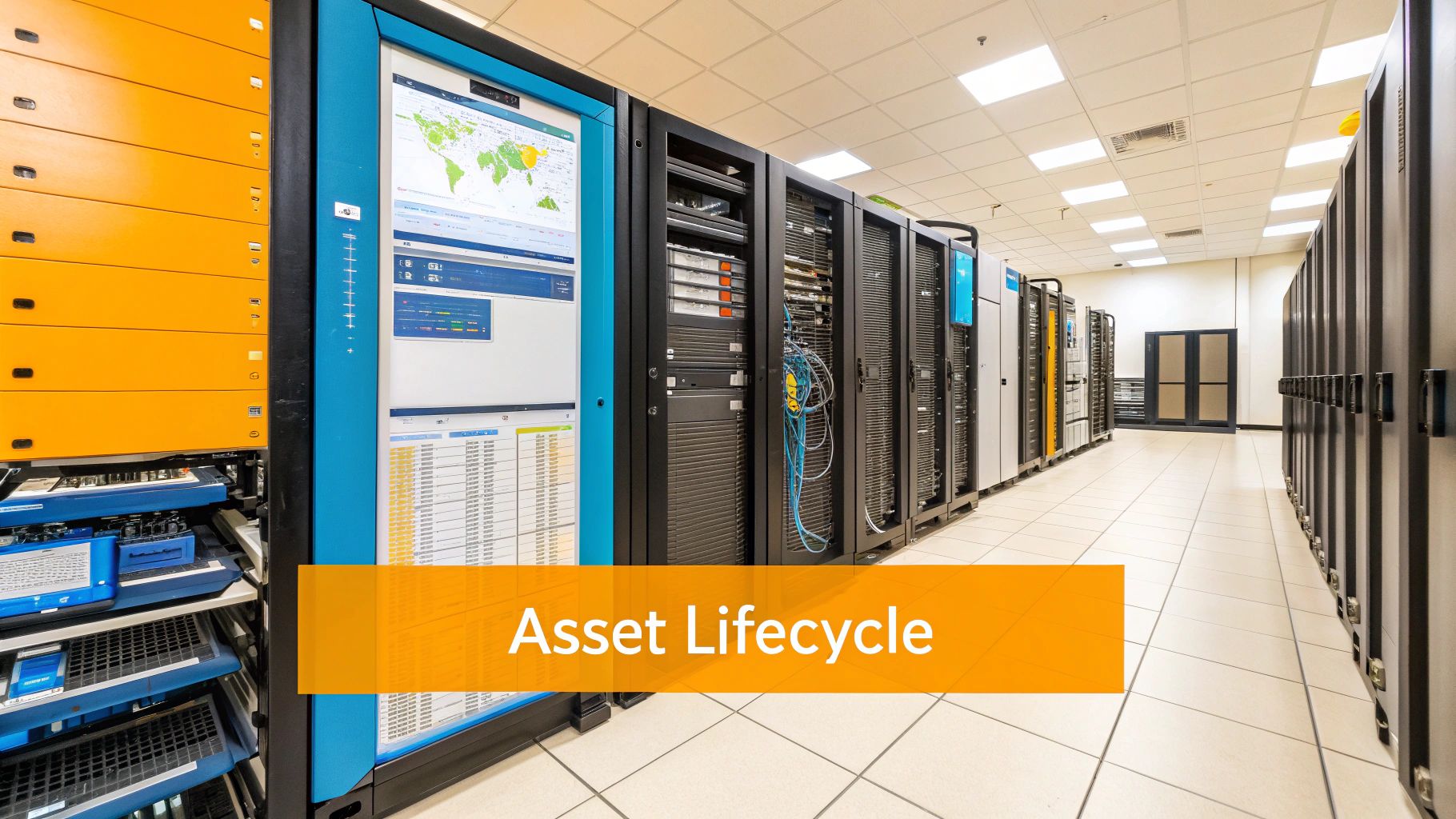 A diagram showing the IT Asset Management Lifecycle: Plan, Procure, Deploy, Manage, Retire, and Dispose
