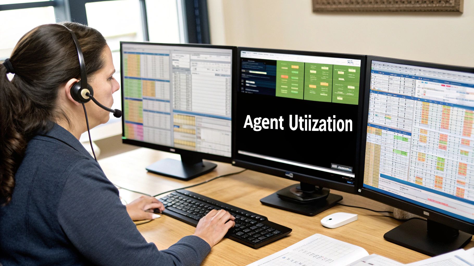 A graphic showing a pie chart for Agent Utilization Rate with a key metric highlighted.