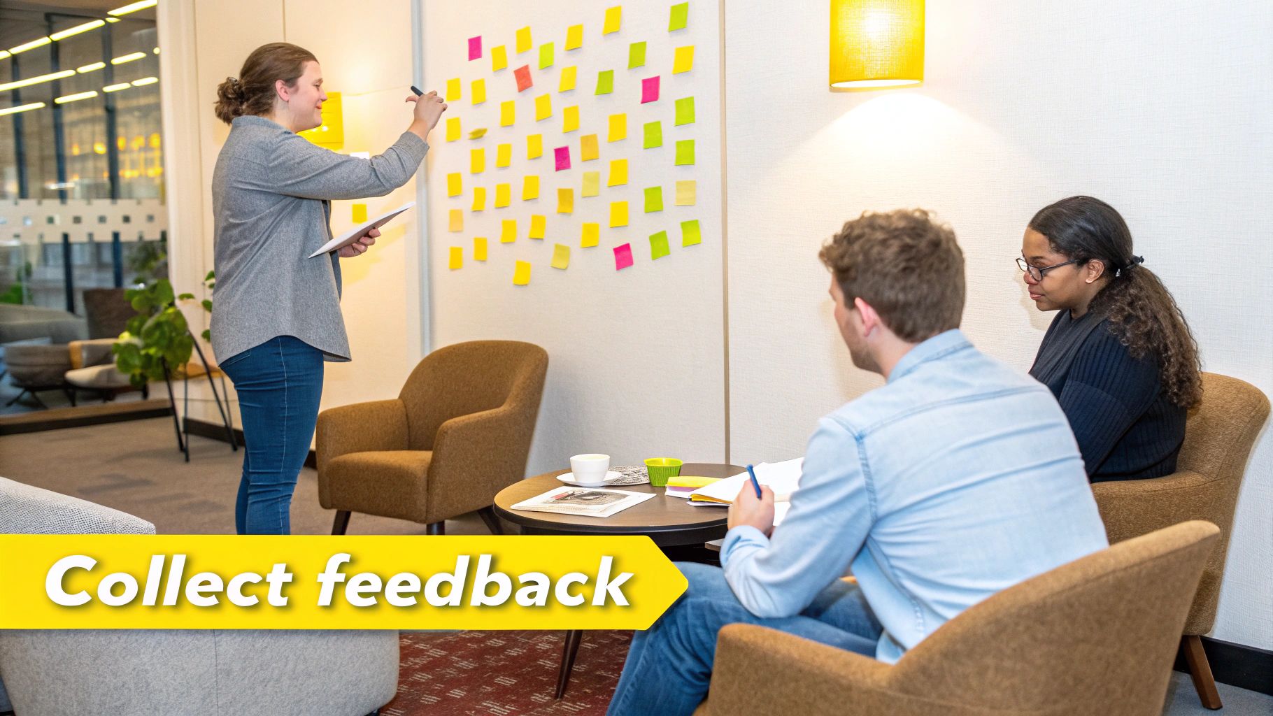A diverse group of colleagues engaged in an animated, positive discussion around a meeting table.