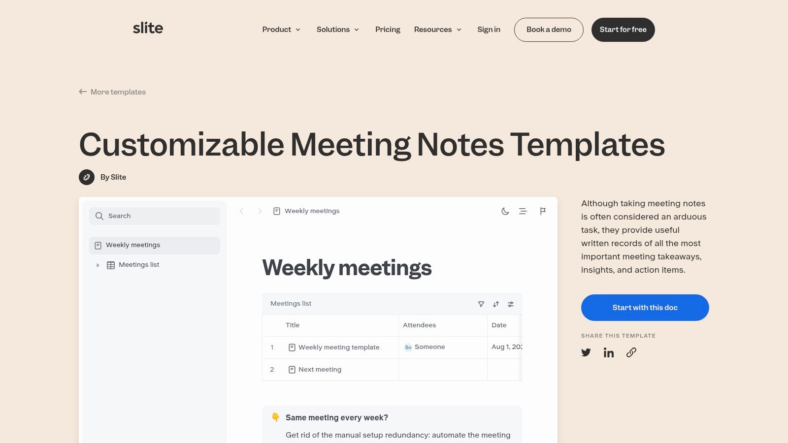 A screenshot of the Slite interface showing a collaborative meeting notes template being edited.