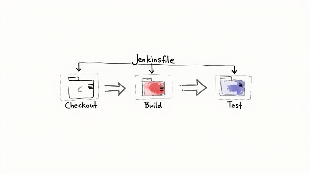 A code editor showing a Jenkinsfile with stages like 'Checkout', 'Build', and 'Test', with the GitHub and Jenkins logos in the background.