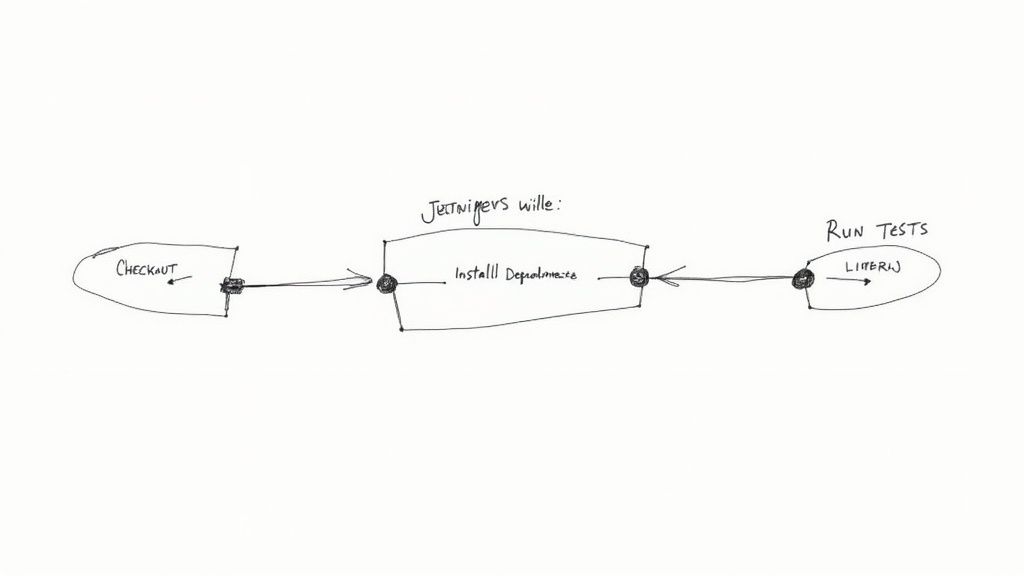A laptop screen showing a Jenkinsfile with declarative pipeline syntax, with code being edited.