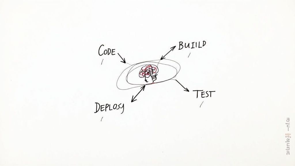 An abstract image showing interconnected nodes and data streams, representing the fusion of AI and DevOps workflows.
