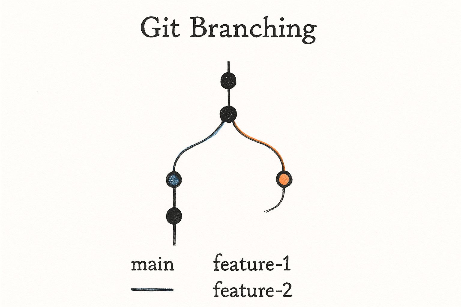 An infographic sketch of a Git branching diagram with a main branch and two feature branches merging back in.