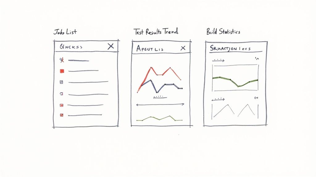 A custom Jenkins dashboard showing various widgets, charts, and job statuses, demonstrating a clean and organized layout.