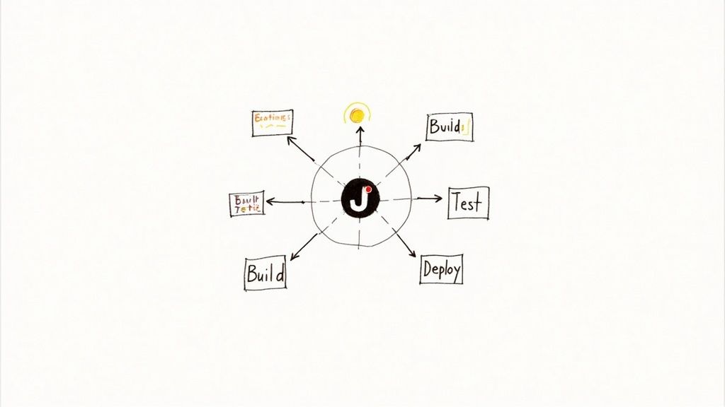 An abstract visual representation of a CI/CD pipeline with gears and arrows, symbolizing automation and workflow.