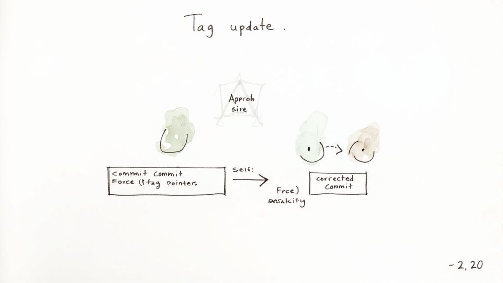 A warning sign and a lock icon overlaying a code repository, symbolizing the safety measures for handling tag updates.