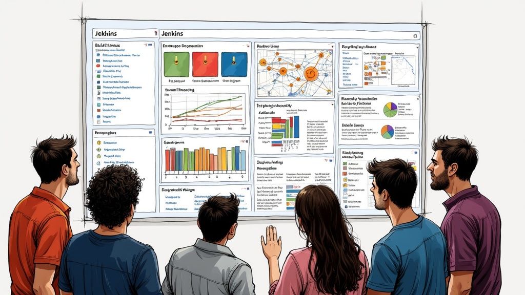 A stylized graphic showing a centralized dashboard with various charts and graphs representing data from a Jenkins pipeline.