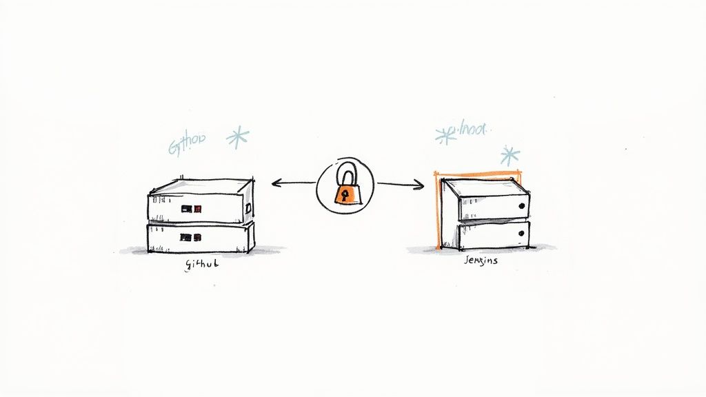 A visual representation of the connection between Jenkins and GitHub, with their logos connected by data flow lines.