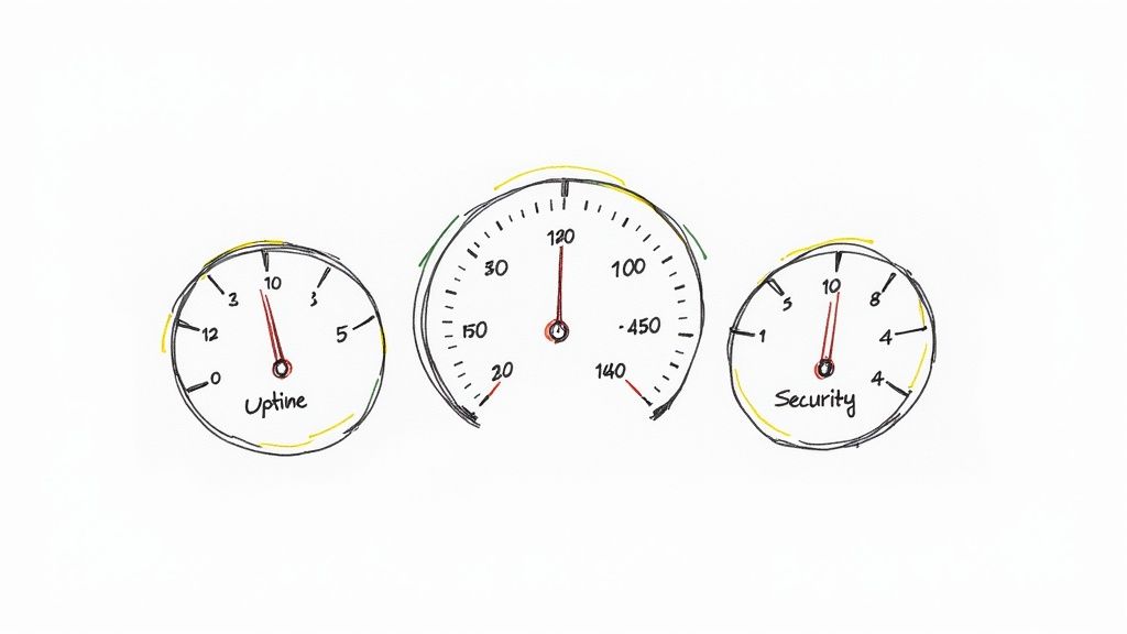 A network operations center with multiple screens showing data visualizations and system health metrics