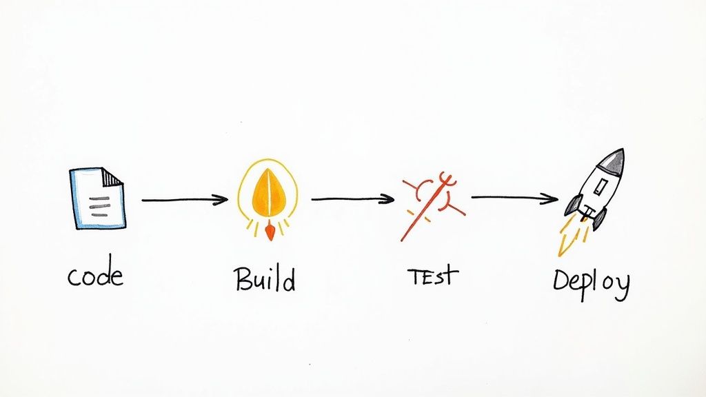 A visual metaphor of a strong foundation being built with code blocks and gears, representing the start of a solid CI process.