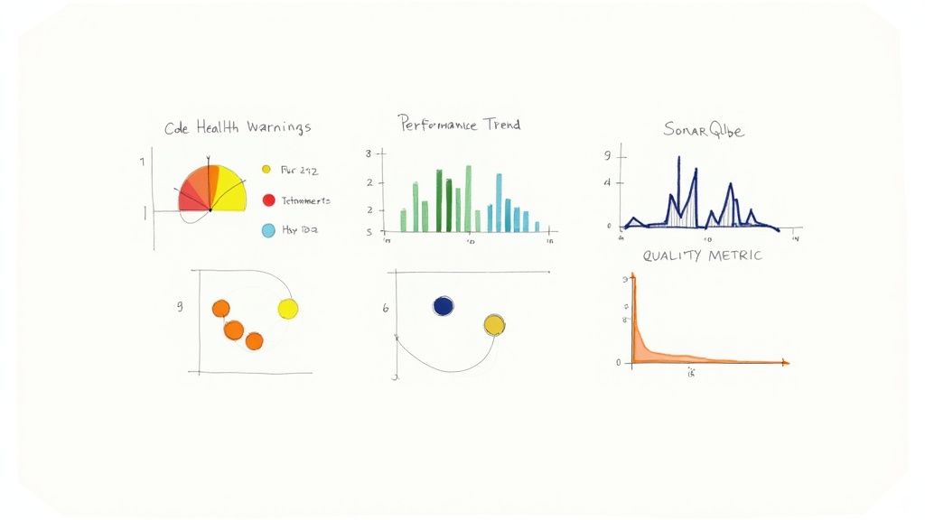 An analytics dashboard showing code quality metrics and performance graphs.