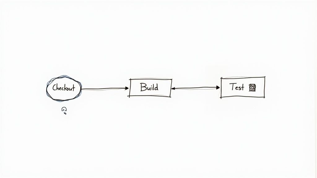 A developer's desk with a laptop displaying a Jenkins pipeline, symbolizing the creation of an automated workflow.