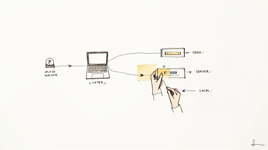 A developer looking at a computer screen with code, symbolizing the process of managing a Git repository.