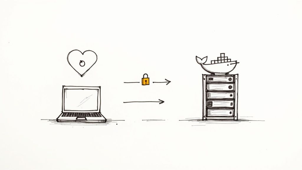 A diagram showing a deployment pipeline, with a Jenkins server pushing a Docker image to a staging server.