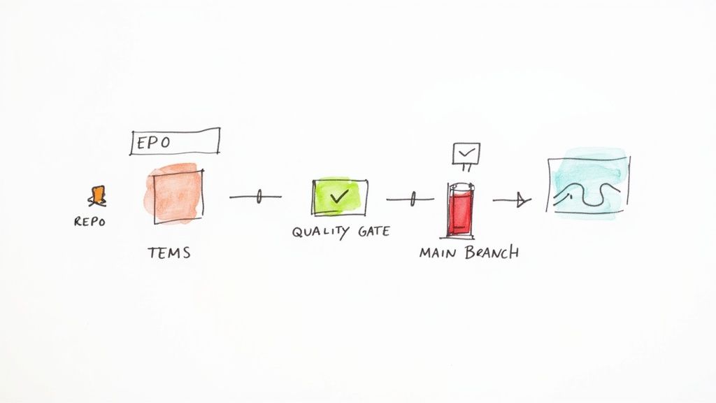 A visual representation of a CI/CD pipeline showing code commit, build, test, and deploy stages in a seamless flow.