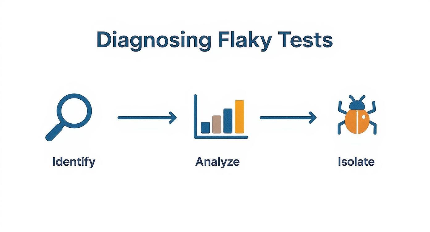 Infographic detailing the process of diagnosing flaky tests in three steps: Identify, Analyze, and Isolate