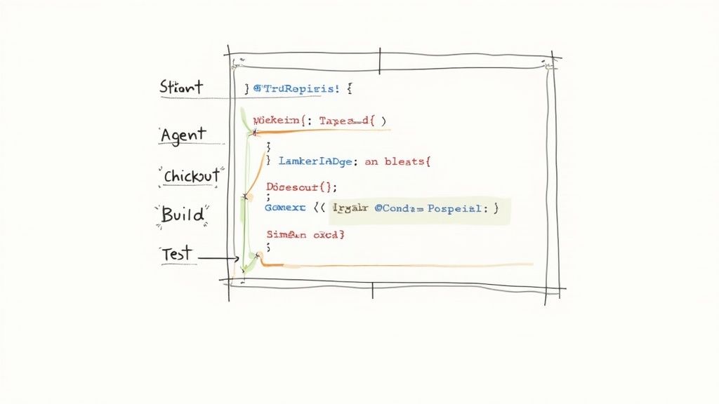 A code editor showing a Jenkinsfile with declarative pipeline syntax.