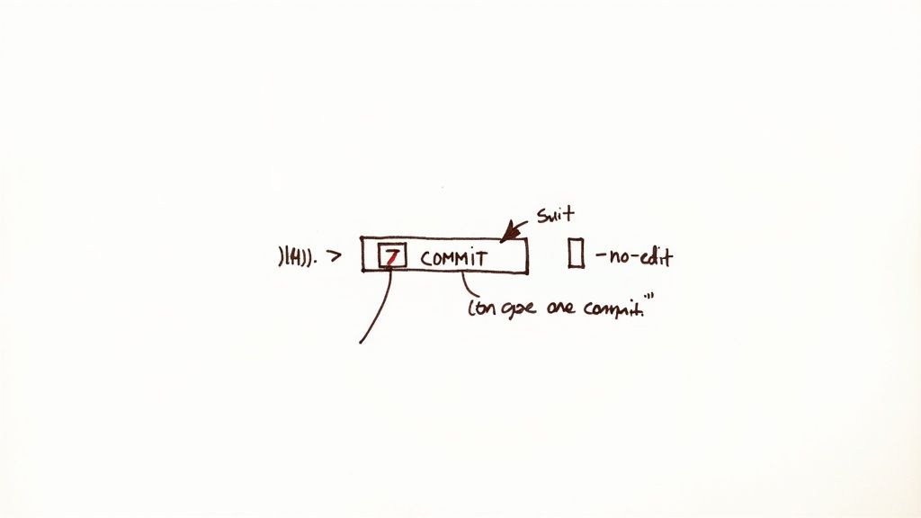 An illustration of a pencil editing a commit message on a computer screen, representing the 'git commit --amend' command.