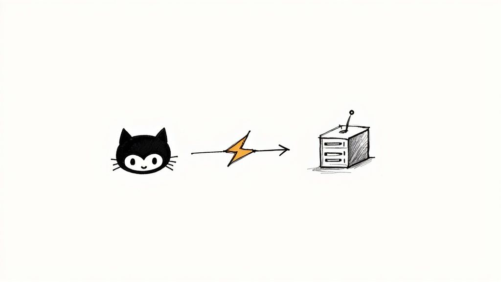 An image illustrating the concept of webhooks, showing a GitHub logo sending a notification to a Jenkins logo to trigger a build.
