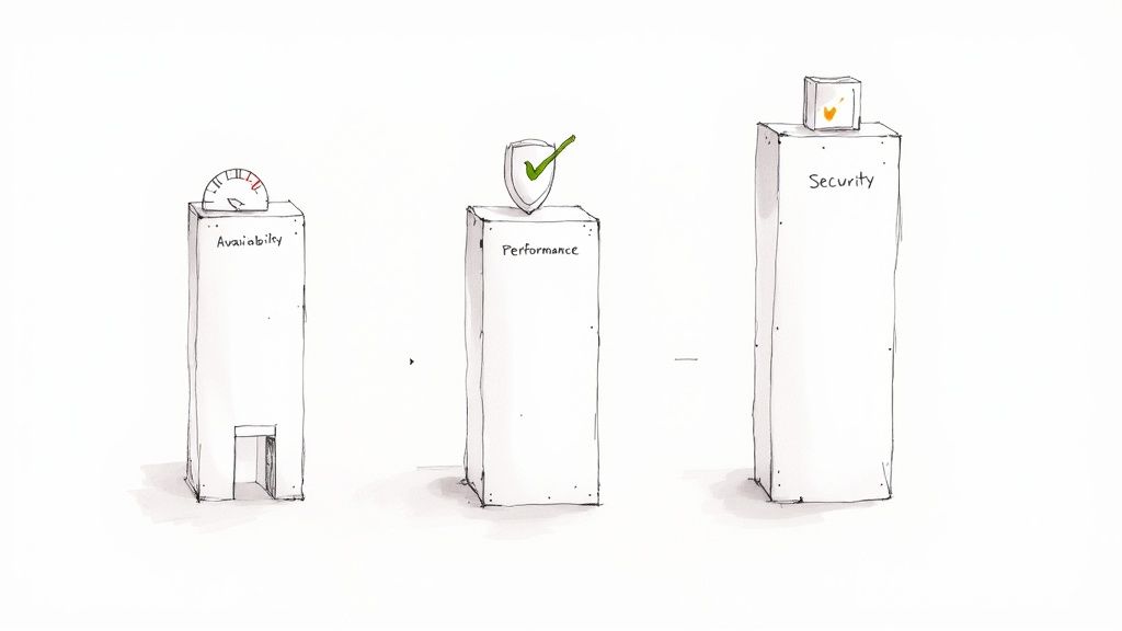 A balanced set of stones representing the pillars of availability, performance, and security.