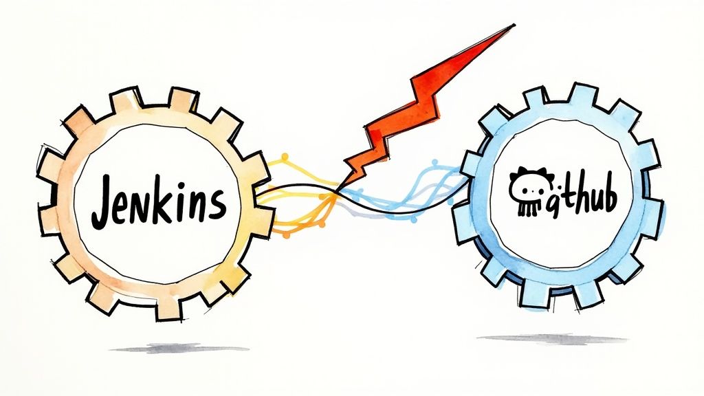 A visual representation of the Jenkins and GitHub logos connected, symbolizing their integration.