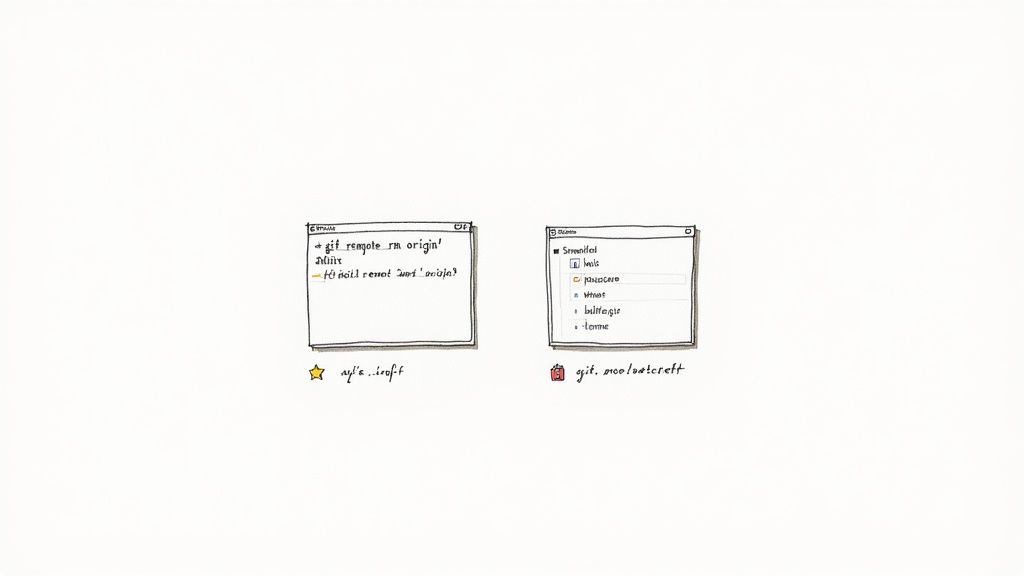 Developer's hands typing on a laptop with Git commands visible on the screen, symbolizing practical application.