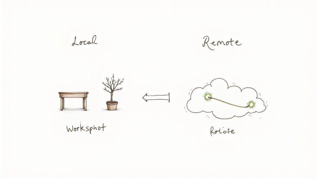 A developer working on a laptop with Git branch icons floating around, symbolizing the separation between local and remote work.