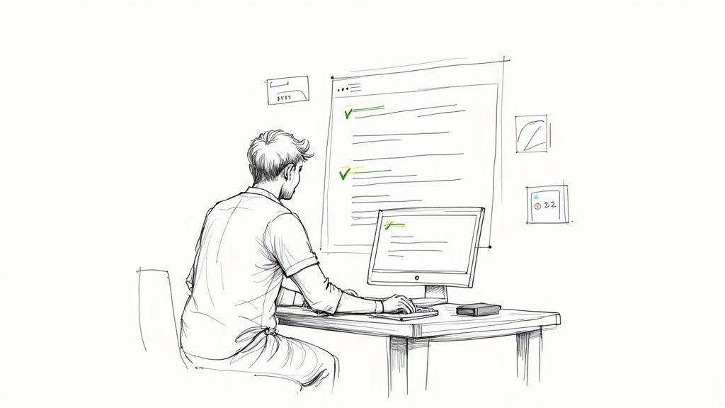 A developer looking at code on a screen, representing the focus required for writing unit tests in JavaScript.