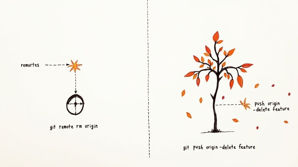 A developer at a clean desk with organized sticky notes, symbolizing the tidiness of managing Git branches and remotes.