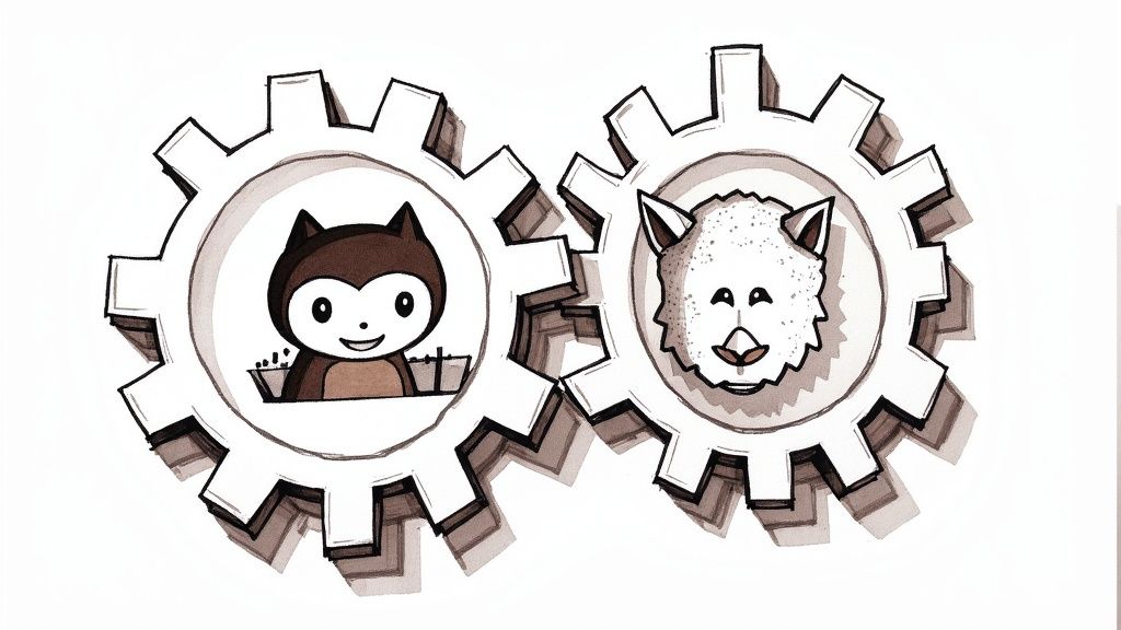 A diagram showing the logos of GitHub and Jenkins connected by an arrow, symbolizing integration.